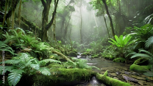 Lush green jungle landscape with a vibrant waterfall cascading into a serene river, surrounded by trees and a winding forest path