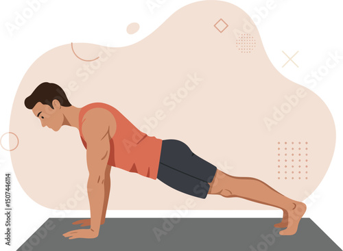Muscular man doing plank exercise on mat for fitness and strength training workout routine at home 