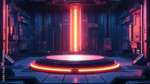 Round podium for product surrounded by metallic frames and neon lights, creating a high tech, cyberpunk atmosphere.