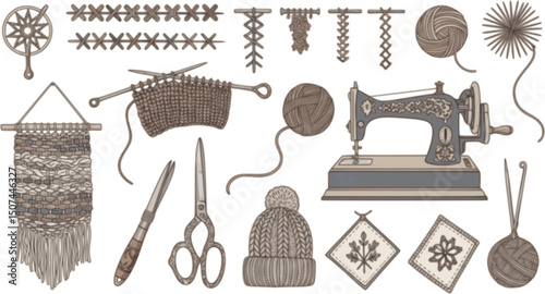 vector set of Handwriting illustration of handicrafts, embroidery and sewing ( Knitting, buttons, threads, cutting needles, scissors, sewing machines, handmade, yarns )