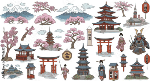 vector set of Japanese handwriting illustration ( East Asia, travel, culture, tourism )
