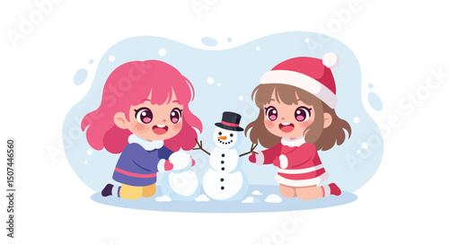 Two girls building snowman in winter holiday scene with snow and festive costumes cheerful activity 