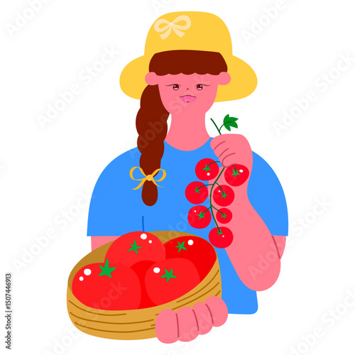 female farmer holding a basket full of tomatoes and a tomato bunch, organic farming and harvest season concept