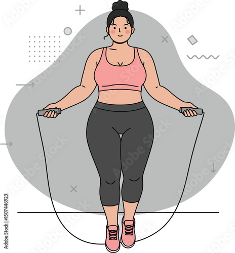 Woman exercising with jump rope in pink sportswear and black leggings fitness activity illustration 