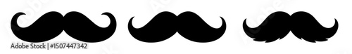 Set of three black mustache silhouettes on a white background. Classic and vintage style facial hair icons ideal for barbershop logos, men’s grooming themes, and design elements.