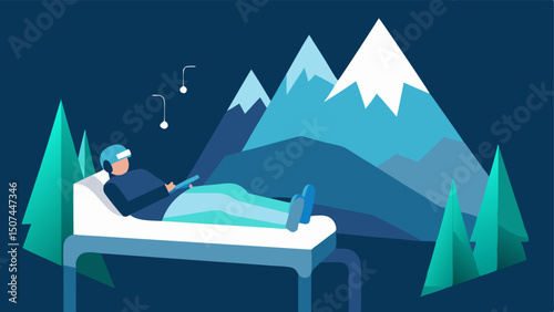 Mountain Retreat A patient lying on a hospital bed using a VR headset while a holographic mountain landscape with snow caps and pine trees is projected around them.