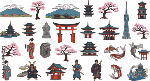 vector set of Japanese handwriting illustration ( East Asia, travel, culture, tourism )
