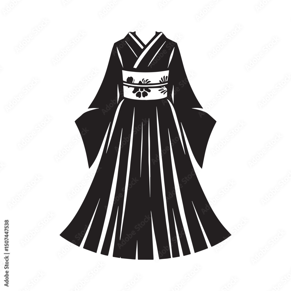 Fototapeta premium Flat black silhouette art of Furisode garment – Furisode silhouette – Furisode vector – Furisode illustration – ladies dress silhouette – silhouette of Furisode – japanese dress silhouette
