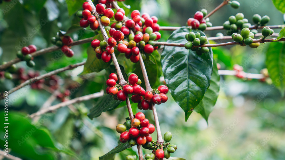 Obraz premium Raw coffee beans growing on trees in farms and gardens, glistening with morning dew during the harvest season.