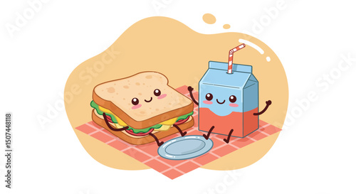 Cute sandwich and juice box cartoon characters sitting together on checkered floor with happy expressions 