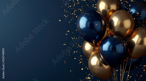 Elegant navy blue and gold balloons with golden confetti