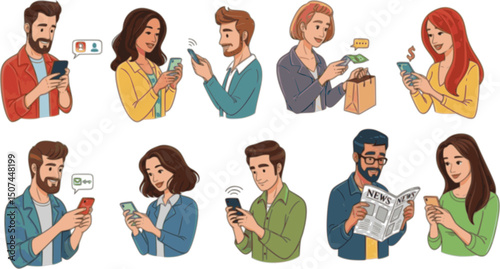 vector set of Illustration of men and women with a smartphone ( Sumaho, SNS, social, cashless, network )