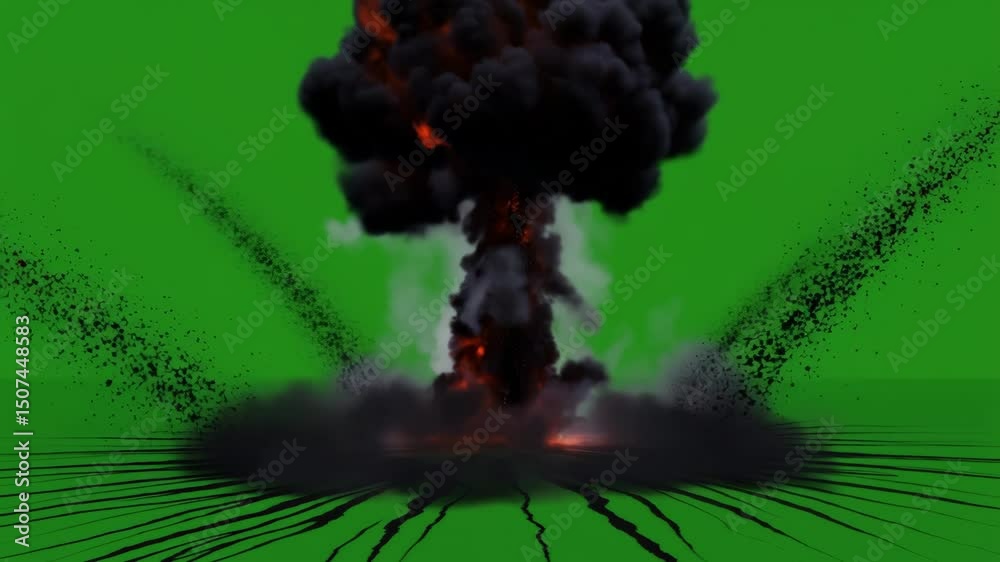 Dynamic Powerful Large Scale Explosion with Mushroom Cloud, Ejected Debris, and Ground Effects on Green Screen for VFX, Special Effects, and Stock Footage