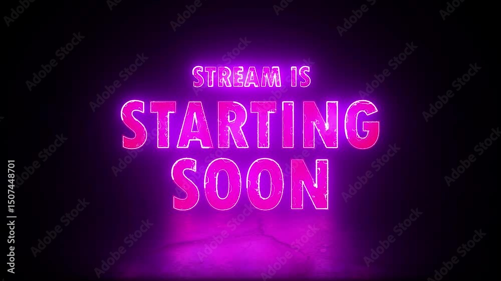 Glowing vibrant neon text display on dark background, stream starting soon animation for live videos and gaming intros.
