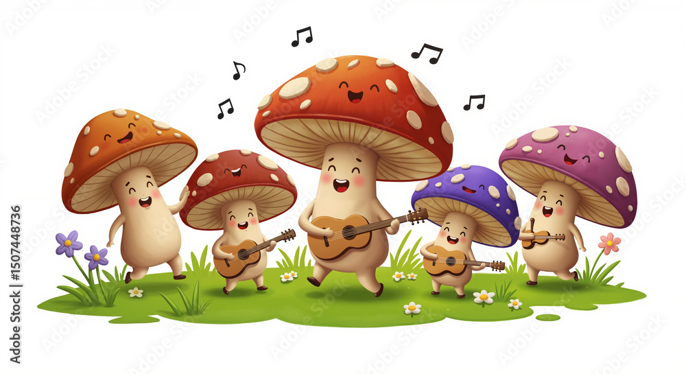 Fototapeta premium Colorful cartoon mushrooms playing guitars and singing in a field 