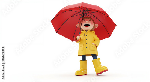 Happy child holding a red umbrella in yellow raincoat and boots   photo