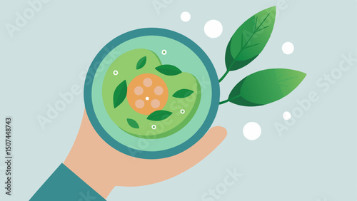 Nature and Science A hand holding a petri dish with plant cells depicting natural ingredients used in telomere lengthening treatments with green leaves in the background.