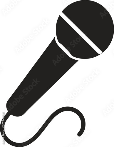 Silhouette Microphone Icon – Handheld Mic with Curved Wire for Speech, Singing, or Audio Recording