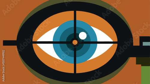 Focused Aim A closeup shot of the snipers eye looking through the rifle scope with the reticle focused on a target in the distance and sweat beading on their forehead.