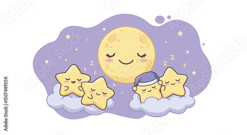 Cute sleeping moon and stars cartoon illustration with soft pastel colors and dreamy night sky background 