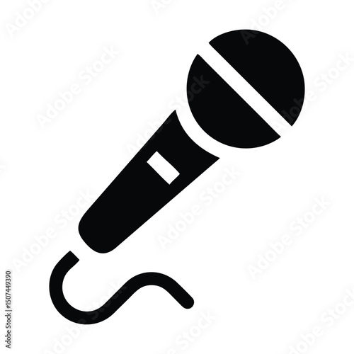 Silhouette Microphone Icon – Handheld Mic with Curved Wire for Speech, Singing, or Audio Recording