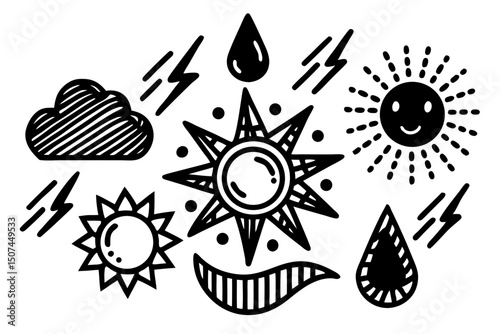 Hand Drawn Weather Icons Set Sun Rain Cloud Lightning