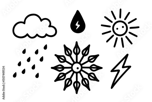 Hand Drawn Weather Icons Set Sun Rain Cloud Lightning and Wind