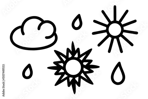 Hand Drawn Weather Icons Sun Cloud Rain Drops