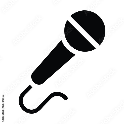 Silhouette Microphone Icon – Handheld Mic with Curved Wire for Speech, Singing, or Audio Recording