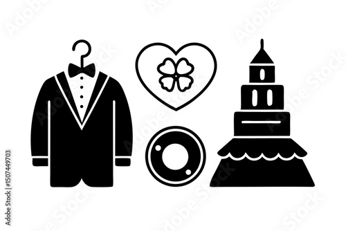 Wedding Day Icons Tuxedo Heart Cake and Life Preserver