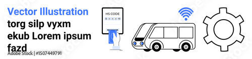 HS code receipt with vending machine, smart bus, wireless connectivity icon, and gear symbol. Ideal for logistics, transportation, automation, smart cities, IoT tech systems simple landing page