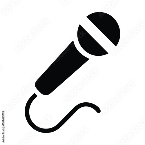Silhouette Microphone Icon – Handheld Mic with Curved Wire for Speech, Singing, or Audio Recording