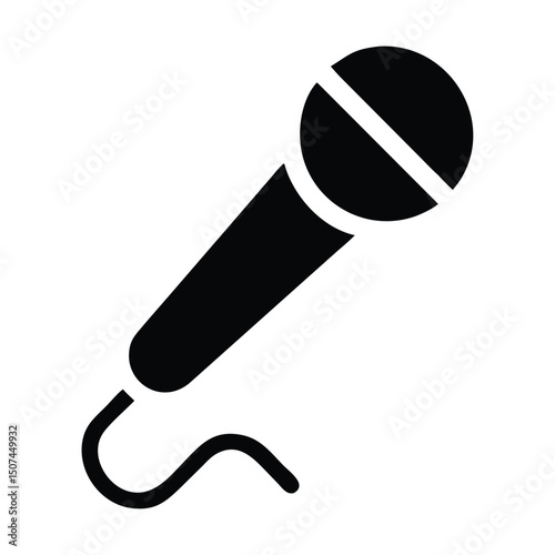 Silhouette Microphone Icon – Handheld Mic with Curved Wire for Speech, Singing, or Audio Recording