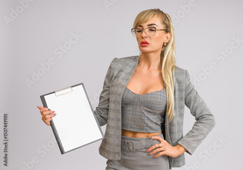a woman in a gray suit and glasses closed her eyes with an empty tablet in her hand on a white background with copy space, half-length portrait, mockup