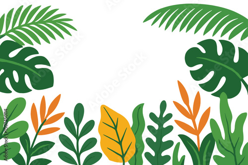 Tropical plants and palm branches serve as decorative elements in the corners