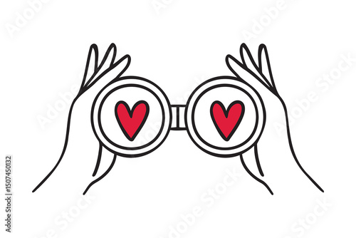 Hands hold binoculars and look through with red hearts eyes. Fall in love is a concept. web surfing Doodle outline vector crayon charcoal ink element