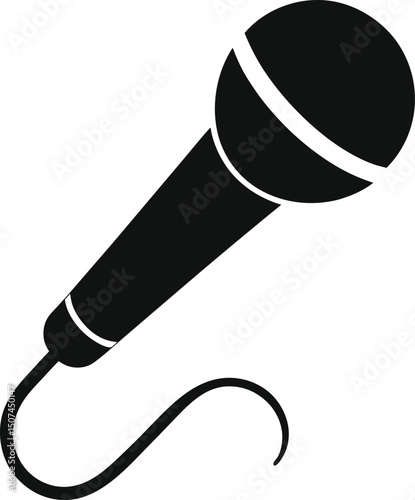 Silhouette Microphone Icon – Handheld Mic with Curved Wire for Speech, Singing, or Audio Recording