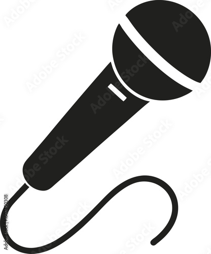 Silhouette Microphone Icon – Handheld Mic with Curved Wire for Speech, Singing, or Audio Recording