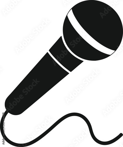 Silhouette Microphone Icon – Handheld Mic with Curved Wire for Speech, Singing, or Audio Recording