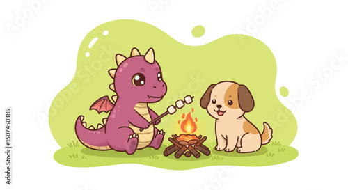 Cute purple dragon roasting marshmallows with brown and white puppy by campfire in green background cartoon illustration 