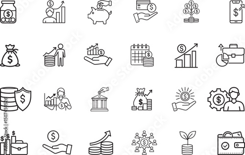 Set of financial icons featuring money savings, finance, monetary growth, investment, payment, earnings, management, data charts, and more. Concepts in black and white line art style.Editable strock