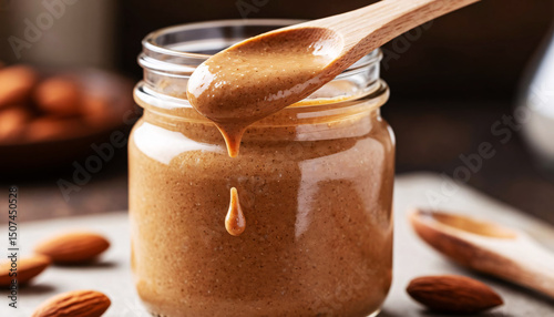 Smooth almond butter dripping off a wooden spoon into a glass jar, surrounded by whole almonds on a rustic surface