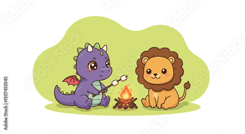 Cute purple dragon and friendly lion roasting marshmallows by campfire in green outdoor setting cartoon illustration 