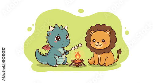 Cute cartoon dragon and lion roasting marshmallows together by campfire in playful style 