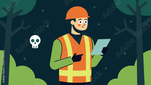 Field Safety Protocol The anthropologist is shown wearing a safety vest and holding a GPS device while documenting the find location of skeletal remains in a wooded area.