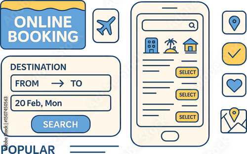 Mobile application template for online booking services, featuring UI, UX, and GUI design elements, along with a travel application wireframe and a user interface kit on a grey background in vector