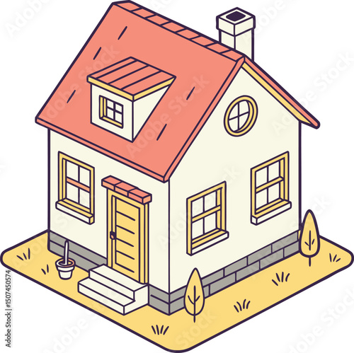 3D illustration of a residential house model with a roof and door, an architectural project or real estate icon on a white background