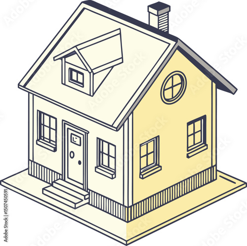 3D illustration of a residential house model with a roof and door, an architectural project or real estate icon on a white background
