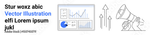 Analytical dashboard with graphs and pie charts, upward arrows for growth, megaphone for communication. Ideal for business strategy, marketing trends, media, analytics, growth, reports simple