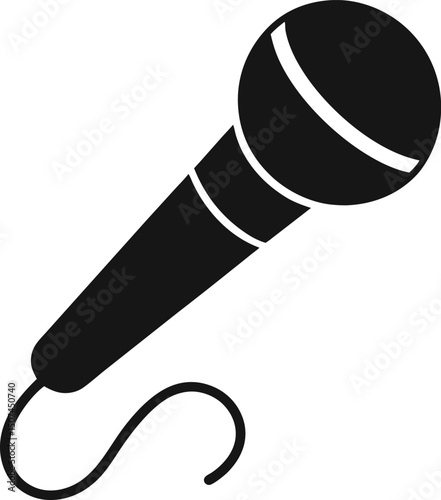 Silhouette Microphone Icon – Handheld Mic with Curved Wire for Speech, Singing, or Audio Recording